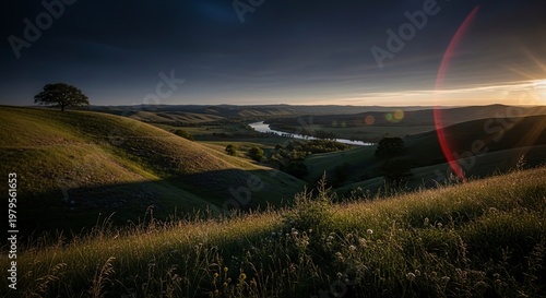 Golden Hour Landscape - Rolling Hills and Serene River.