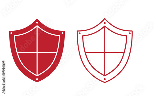 Red shield solid and outlined, with cross sections and rivets symbol protection security