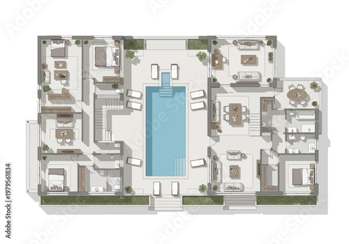 A detailed architectural floor plan illustration showcasing a luxurious modern home with a central swimming pool and spacious living areas