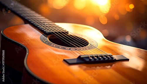 Close-up of a beautiful acoustic guitar with sunlight shining.