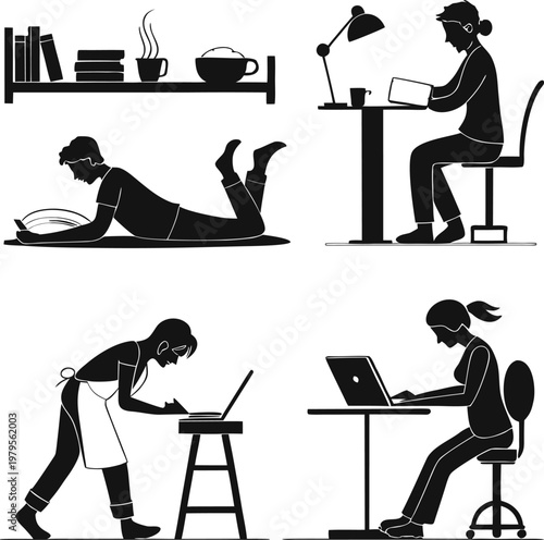Four people working on laptops and reading in different comfortable positions and settings