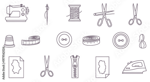 Sewing icons, 20 line art elements, sewing tools and supplies, embroidery kit, tailor symbols