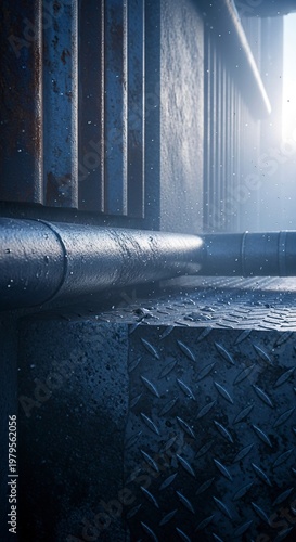 Industrial metal structure with diamond plate texture and pipes.