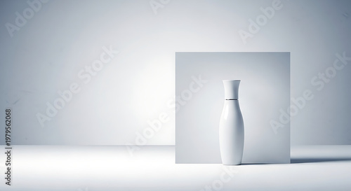 A sleek white vase stands in front of a rectangular panel on a clean white surface