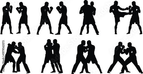 Set of silhouettes of boxers and kickboxers in combat poses fighting sparring clinching and kicking during martial arts training or professional match competition