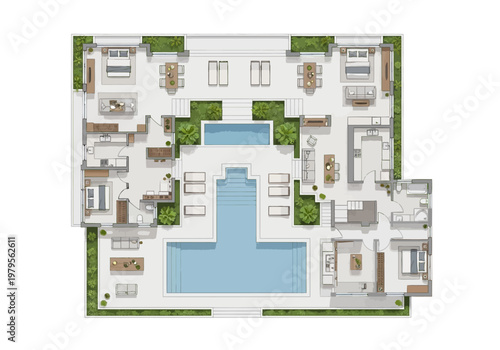 Luxury modern villa floor plan with swimming pool and spacious outdoor living areas