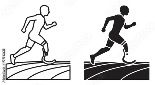 Two runners with prosthetic legs running on a track, in black and white