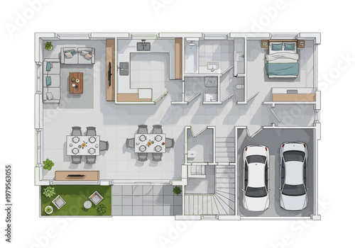 Architectural floor plan rendering of a modern two-story family home with integrated garage and outdoor patio space