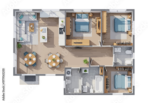 Architectural floor plan of a modern three-bedroom house with open-concept living, dining, and kitchen areas, and two bathrooms