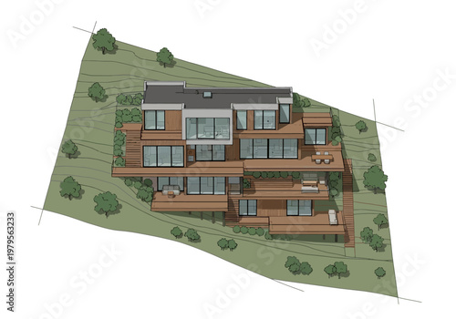 Architectural floor plan design of a modern multi-level house with balconies and wooden decks