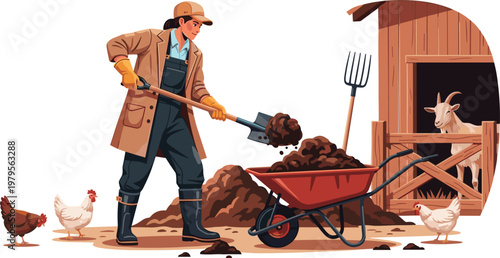 Farm Worker Icon Set Featuring Female Farmer, Animals, Wheelbarrow, and Tools for Agriculture, Rural Life, and Farming Illustrations