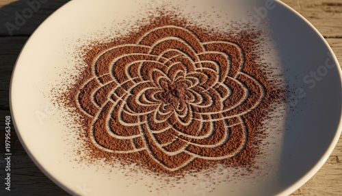 Wallpaper Mural Intricate floral mandala pattern made from brown cocoa powder on a white plate over a rustic wooden background Torontodigital.ca