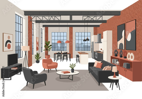 Spacious loft apartment with open-plan living, dining, and kitchen area, featuring modern furnishings and industrial-chic decor