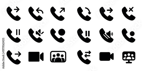 Telephone icons depicting call actions and statuses grid