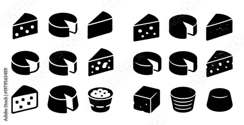 Cheese icons showing varieties and cut pieces on white background