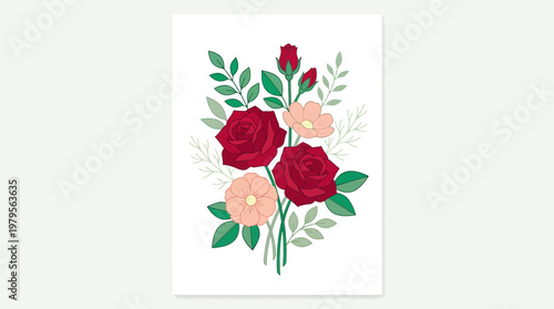 Vibrant floral bouquet illustration with red and pink roses, peach blossoms and green foliage on a white background
