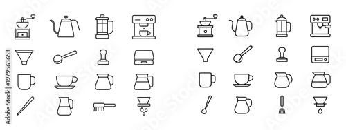 Coffee equipment icons showing brewing tools in kitchen