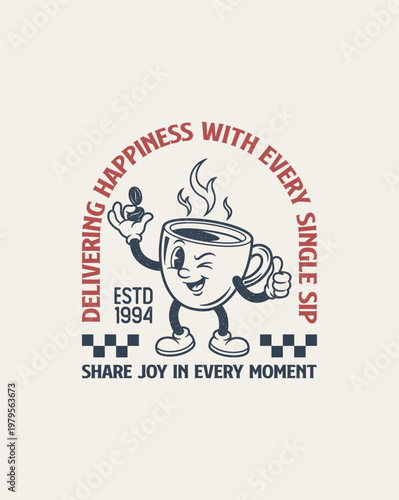 Retro Coffee Cup Character Delivering Happiness With Every Singl