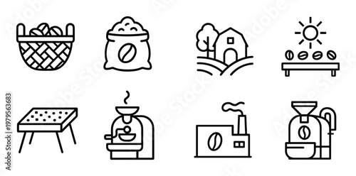 Coffee icons depicting equipment and processes in grid