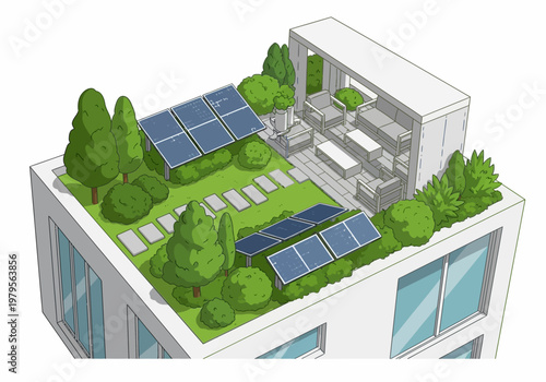Sustainable urban living A modern building rooftop with solar panels, lush greenery, and outdoor seating