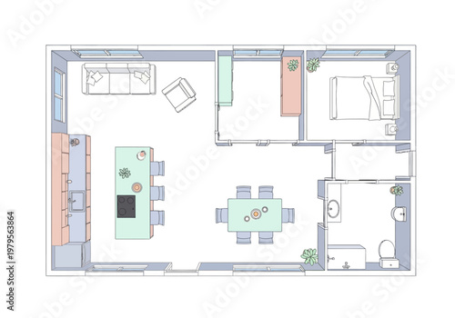 Modern Apartment Floor Plan with Open Concept Kitchen, Dining Area, Living Room, and Bedroom