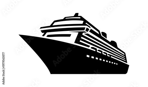 Modern cruise ship silhouette vector in perspective view with bold geometric ocean vessel icon isolated on white