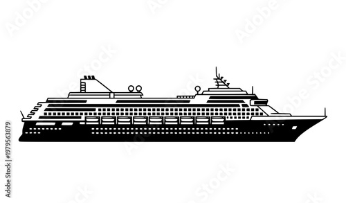 Cruise ship silhouette vector in side view with detailed decks and ocean liner profile isolated on white background