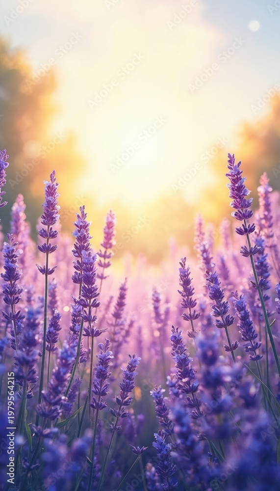 Fototapeta premium Close up of lavender field at golden hour. Sun shines through purple flower stalks creating soft bokeh light. Nature scene offers calm, peaceful atmosphere. Background shows blurred trees and sky.