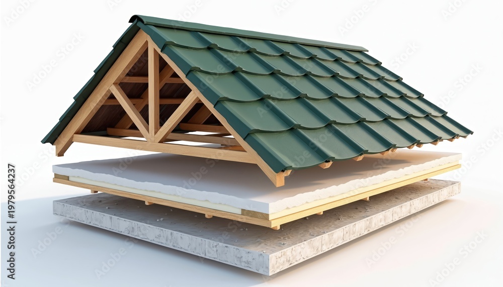 Naklejka premium Exploded view of a green roof construction showing wood frame insulation and concrete base layers. Building materials are visible in cross section for home structure.