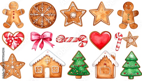 Watercolor Christmas Cookies and Decorations on White Background.
