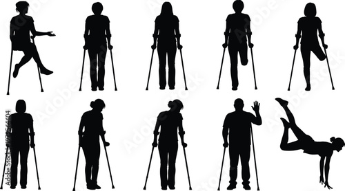 Set of silhouettes of people with leg injuries and disabilities using forearm crutches for mobility walking standing sitting and performing physical exercises daily life