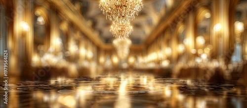 Luxurious ballroom with sparkling chandeliers, golden light, and reflective marble floor