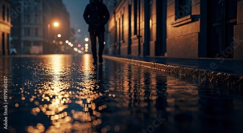 Lonely figure walks down a wet street at night.