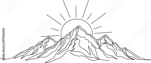Minimalist mountain landscape drawing featuring a rising sun created with a single continuous black ink line on white paper background