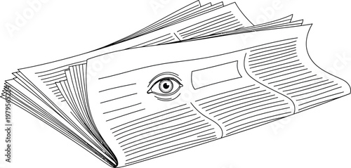 Folded newspaper with an eye icon printed on the front page illustrating surveillance or observation in the daily press media