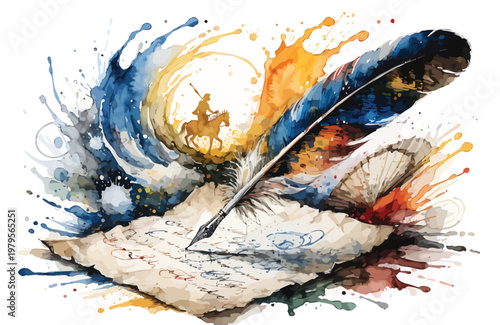 Watercolor Quill and Ink Pen Writing on Antique Paper With Splashing Creative Imagination

