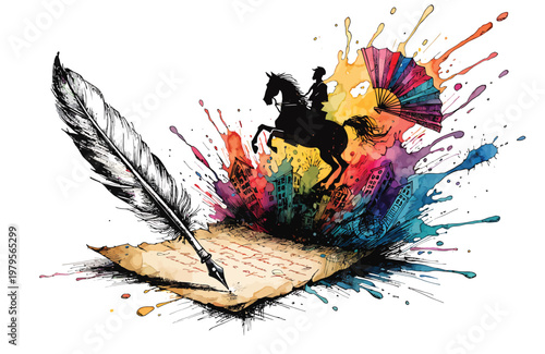 Watercolor Quill and Ink Pen Writing on Antique Paper With Splashing Creative Imagination

