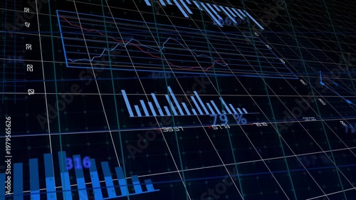 Camera panning across dark grid, tech dashboard animating charts and updating numbers for analytics