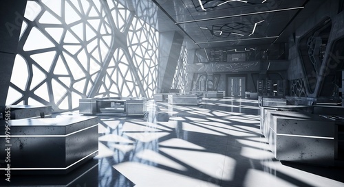 Futuristic Interior Design with Geometric Windows and Shadows.