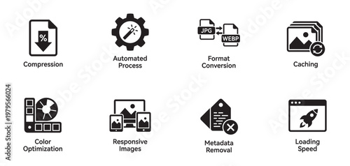 Website performance and digital image optimization technical icon set. Vector Illustration.	
