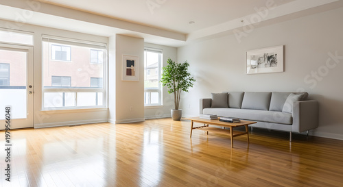 Wide angle view of a sunlit living area with large windows and a minimalist grey sofa and coffee table