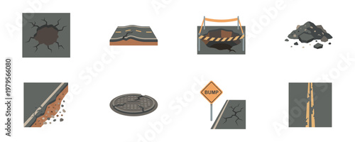 Road damage, asphalt cracks and street repair service icon set. Vector Illustration.	
