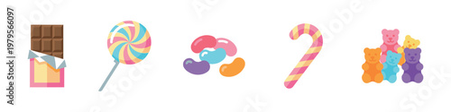 Colorful sweet candy and chocolate dessert vector icons set. Vector Illustration.	
