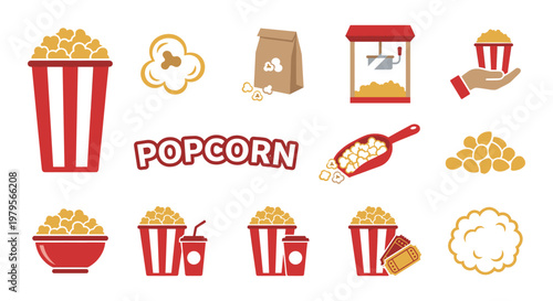 Popcorn snack and movie theater cinema entertainment icons set. Vector Illustration.	
