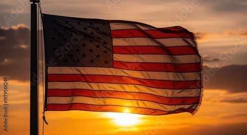 Wallpaper Mural American flag waving proudly against vibrant sunset sky with golden sunlight. Torontodigital.ca