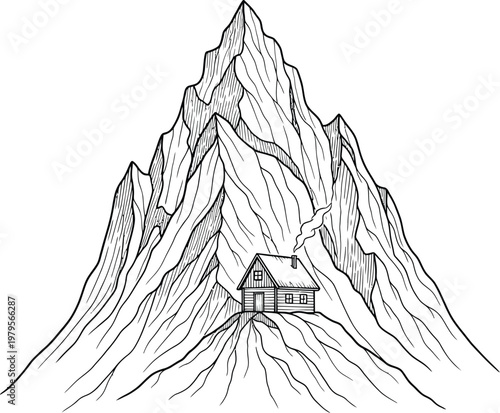 Detailed hand drawn illustration showing a small cabin nestled against the steep rocky face of a very tall mountain