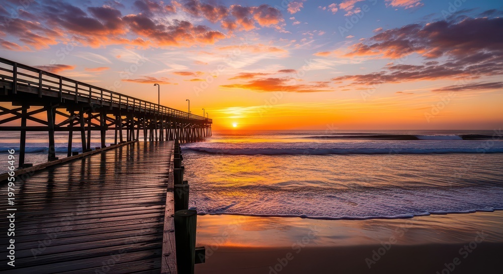 custom made wallpaper toronto digitalBeautiful ocean pier at sunrise with colorful sky and gentle waves hitting shore.