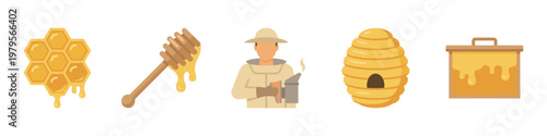 Beekeeping and Natural Honey Production Vector Icon Set. Vector Illustration.	
