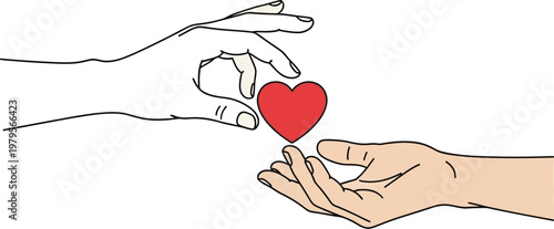 Gentle hands transferring a small red heart symbol between each other to show love connection kindness and support for humanity