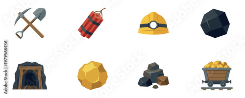 Mining Industry and Natural Resource Extraction Vector Icon Set. Vector Illustration.	
